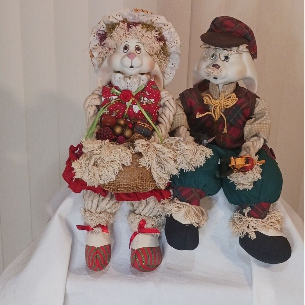 Festive Bunny Couple Figurines - Red and Green Accents